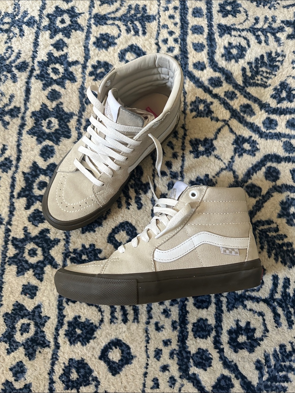 Vans High-Top Suede Sneakers in Beige and White with Brown Soles